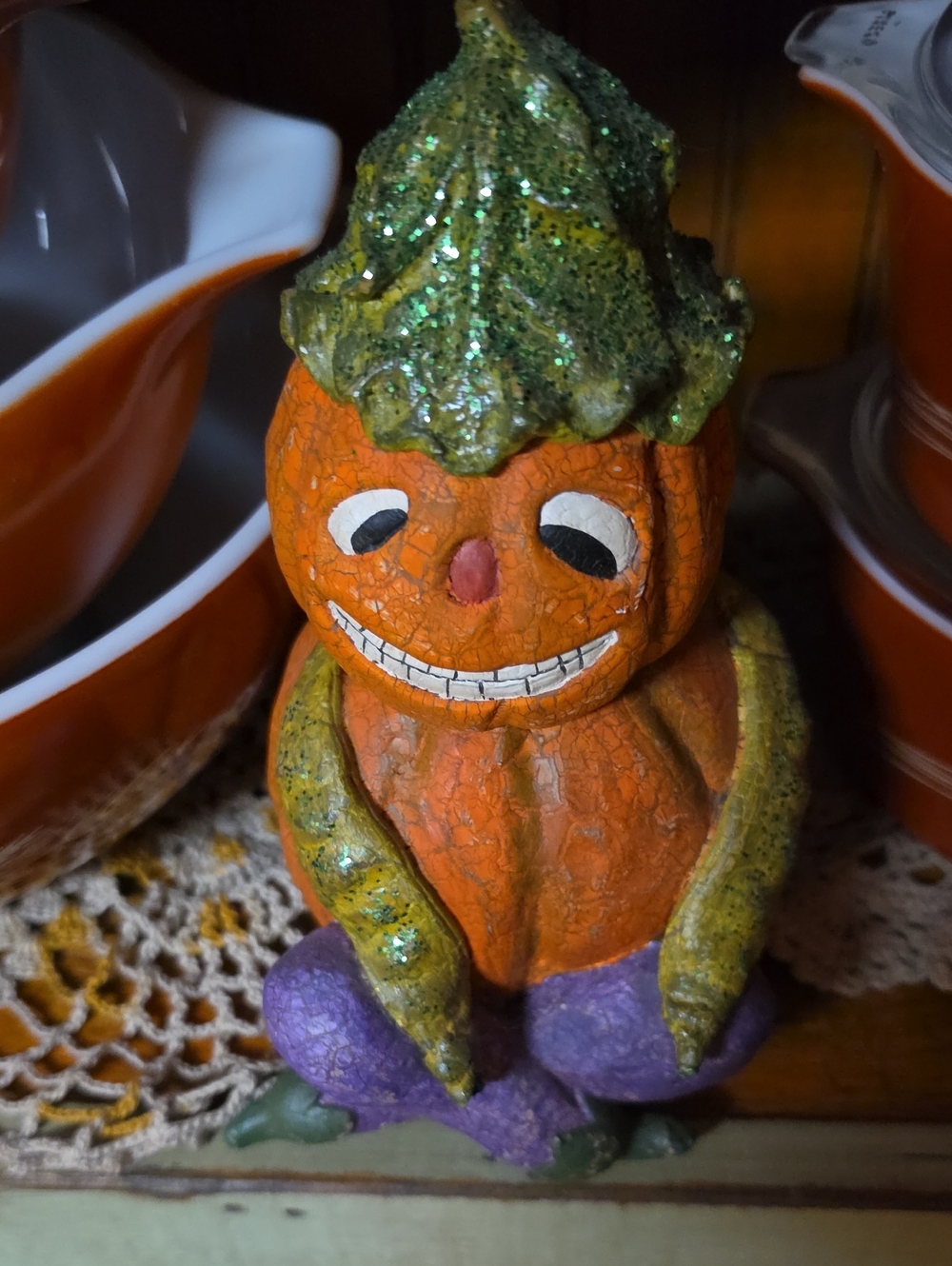 Vintage-Inspired Orange Pumpkin Figurine with Green Stem